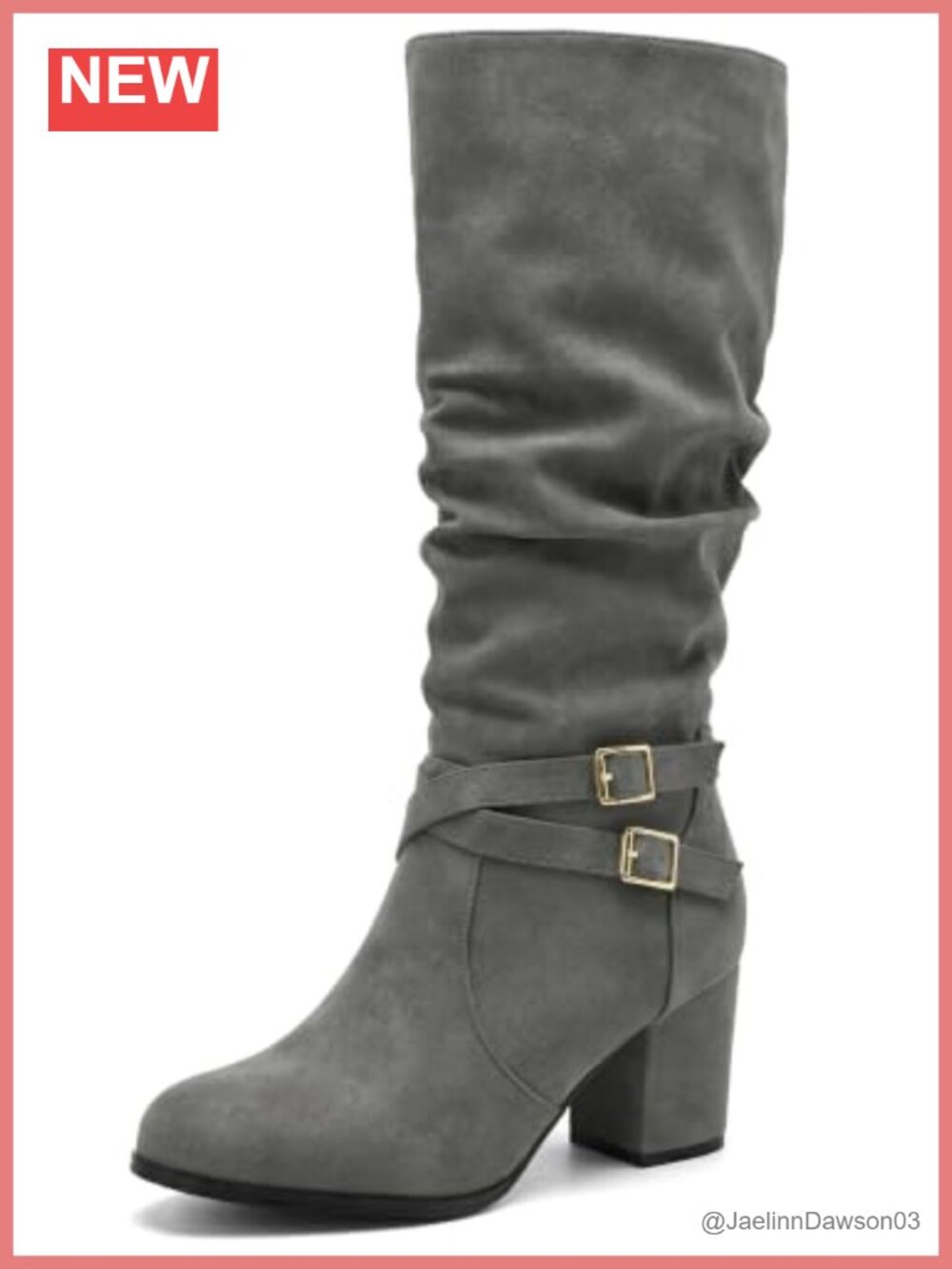 Slouch Buckles Biker Boots Knee High Chunky Heels Faux Leather